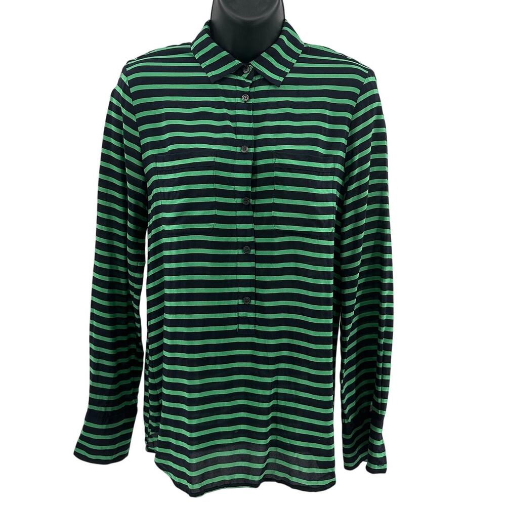 J.Crew Popover Silk Shirt SZ XS Black Green Striped Long Sleeve Button Up Blouse
